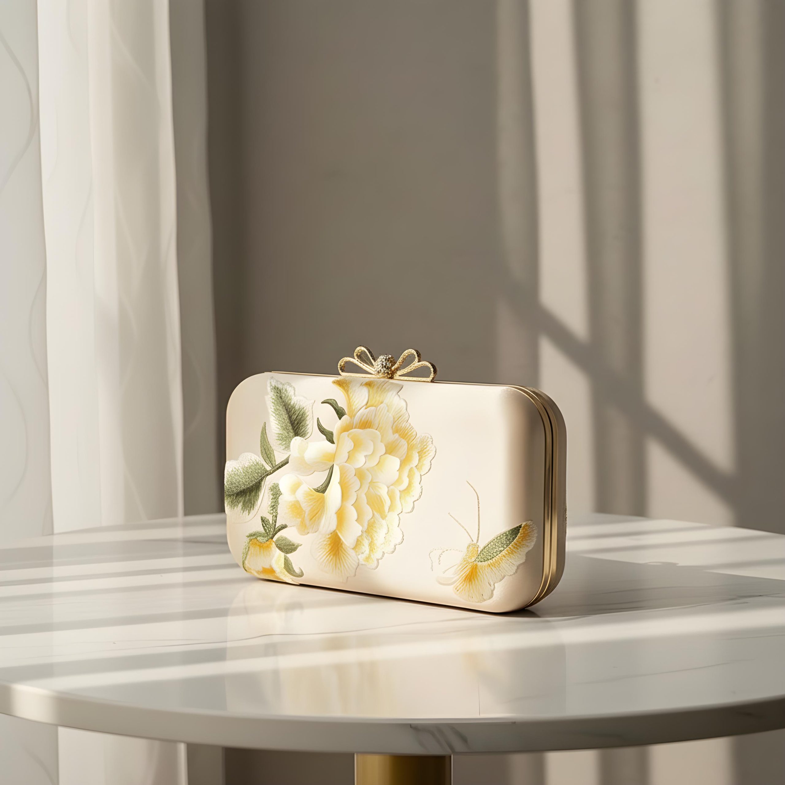 Elegant Floral Embroidered Hard Case Clutch Bag