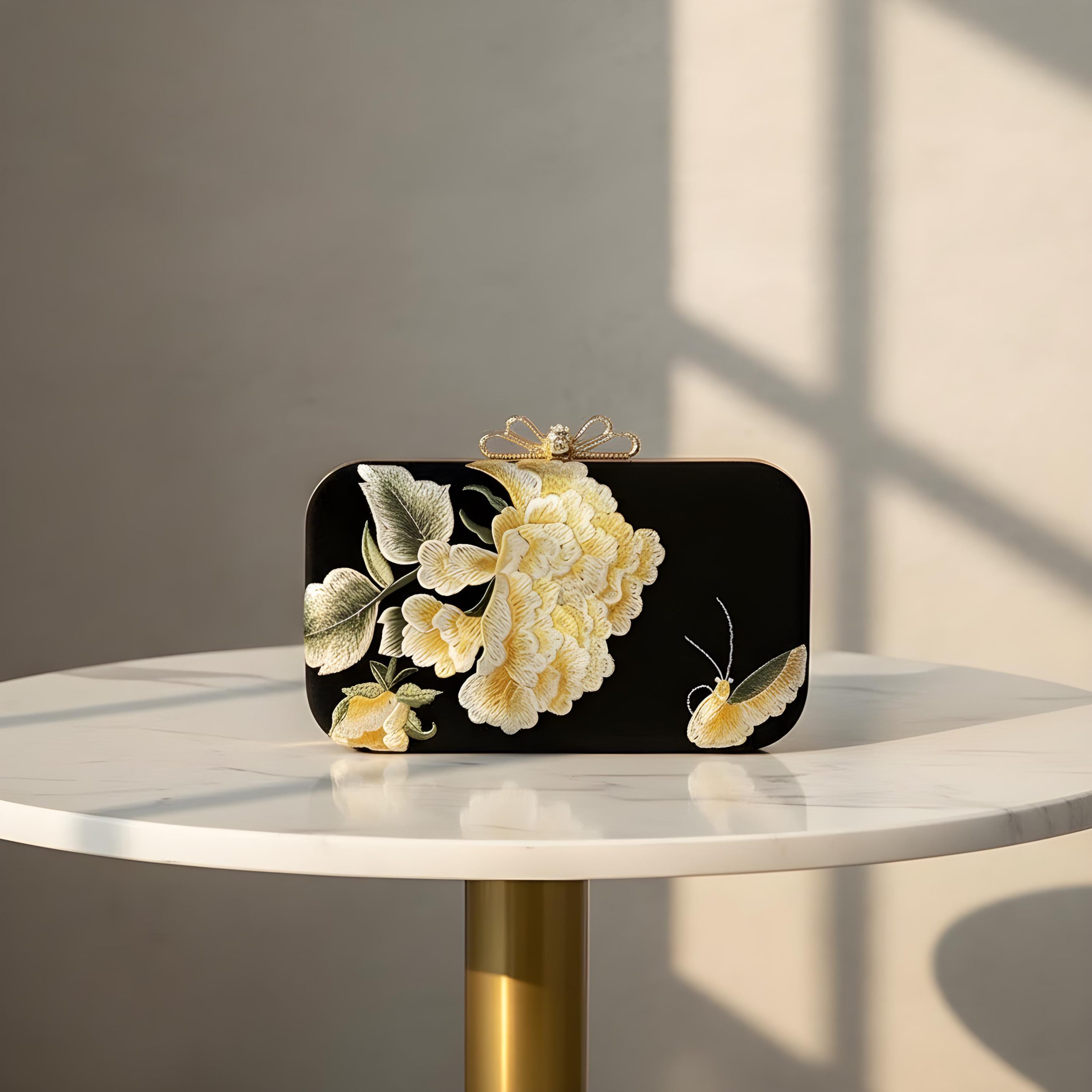 Elegant Floral Embroidered Hard Case Clutch Bag - Image 2