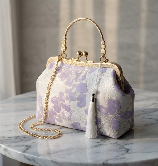 Elegant Floral Jacquard Top Handle Clutch Bag