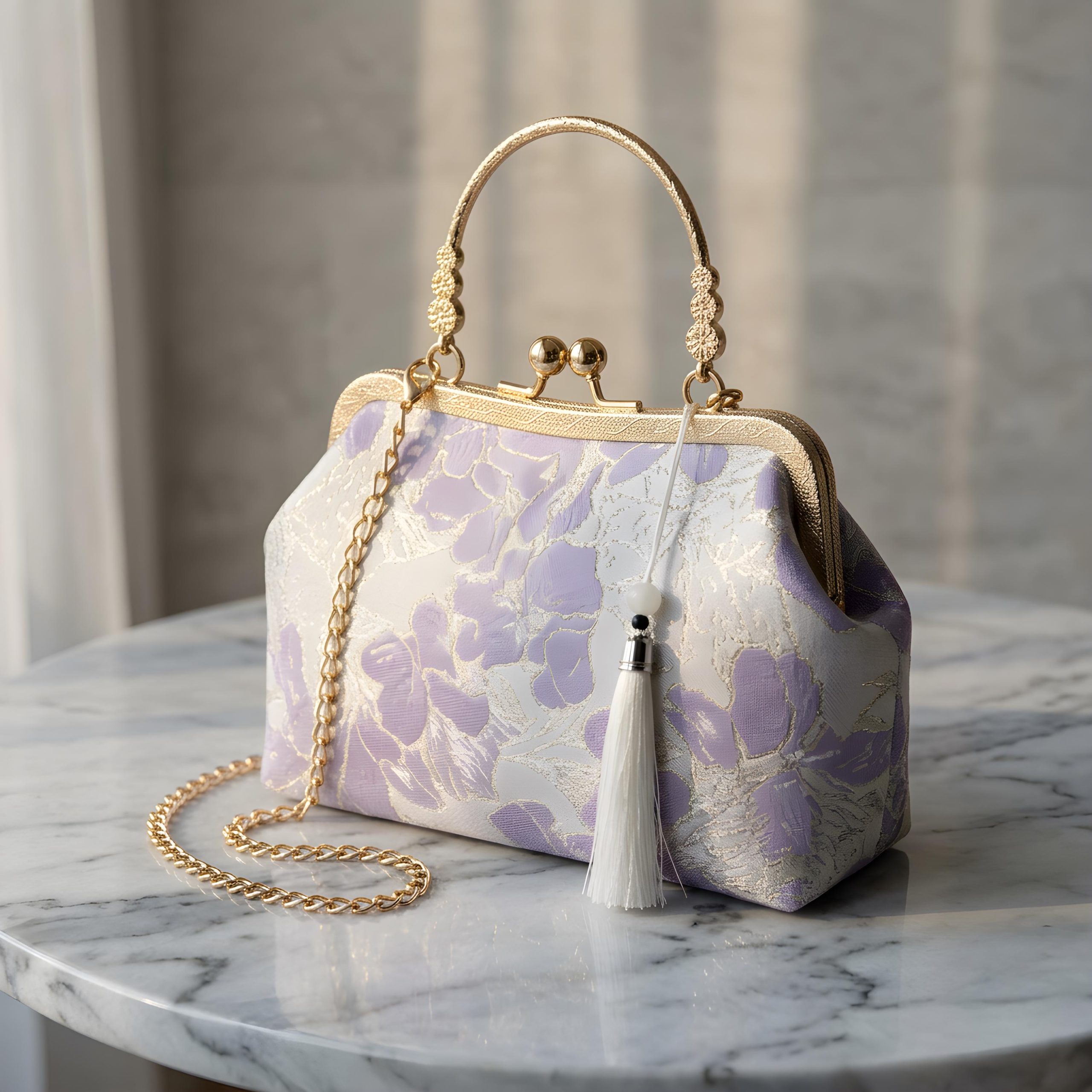 Elegant Floral Jacquard Top Handle Clutch Bag