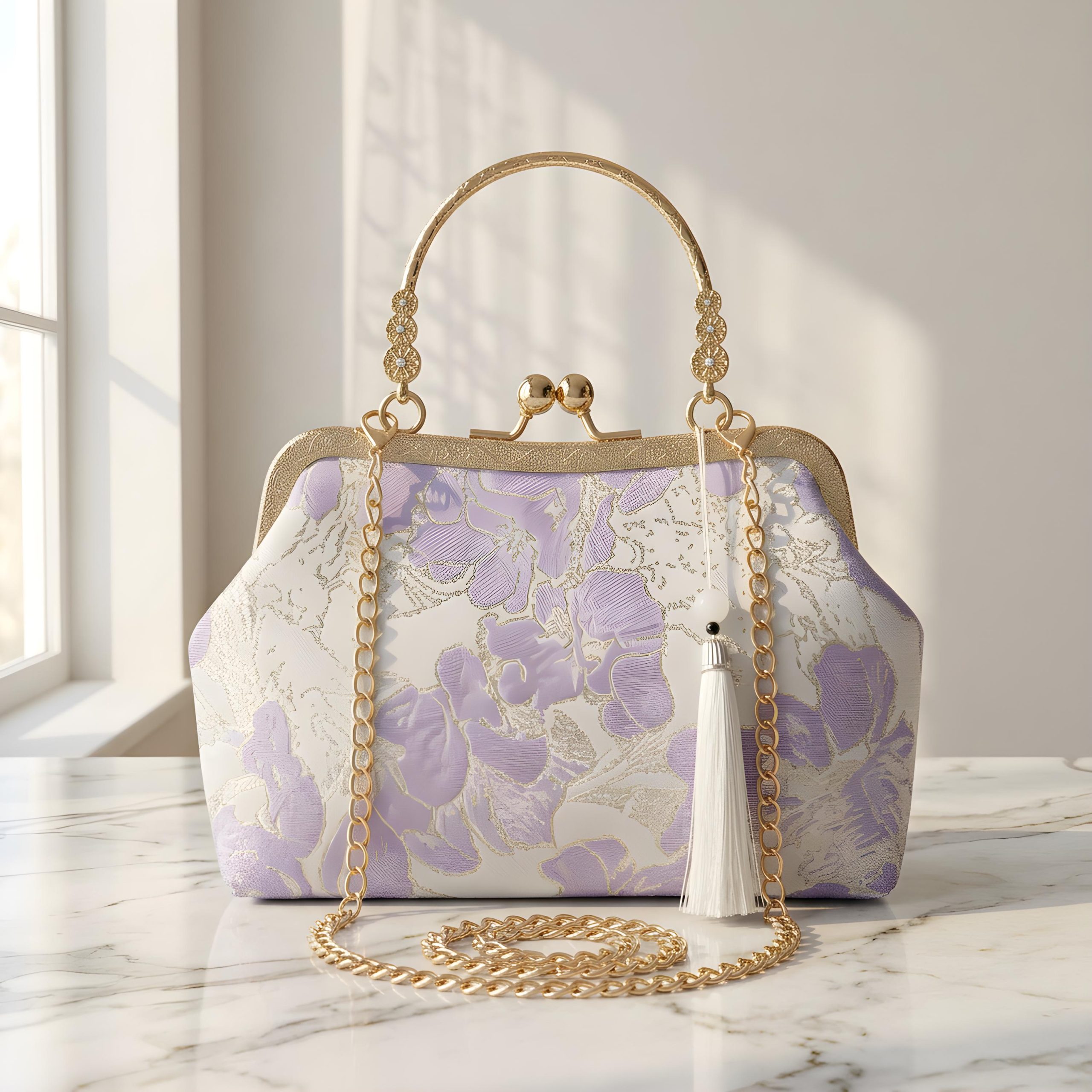 Elegant Floral Jacquard Top Handle Clutch Bag - Image 2