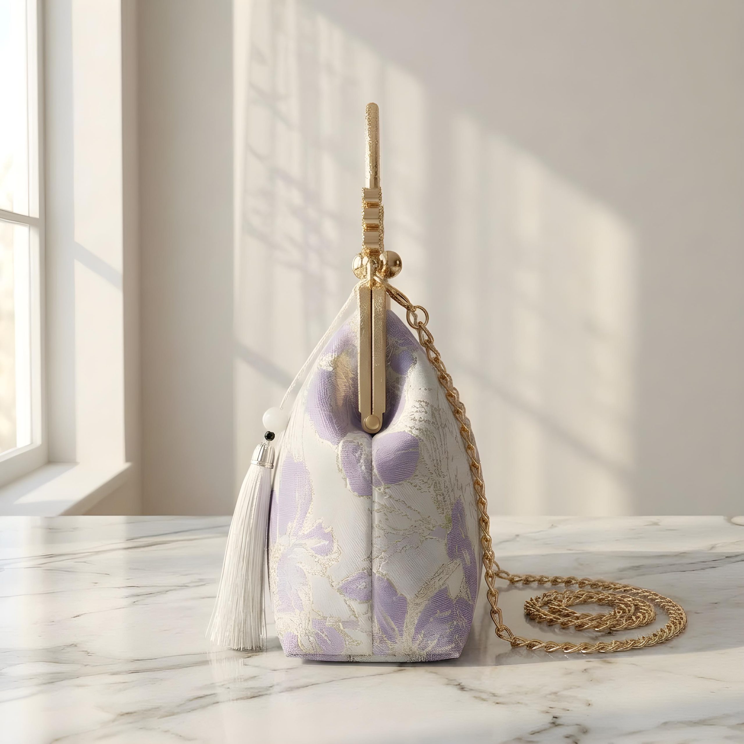 Elegant Floral Jacquard Top Handle Clutch Bag - Image 3