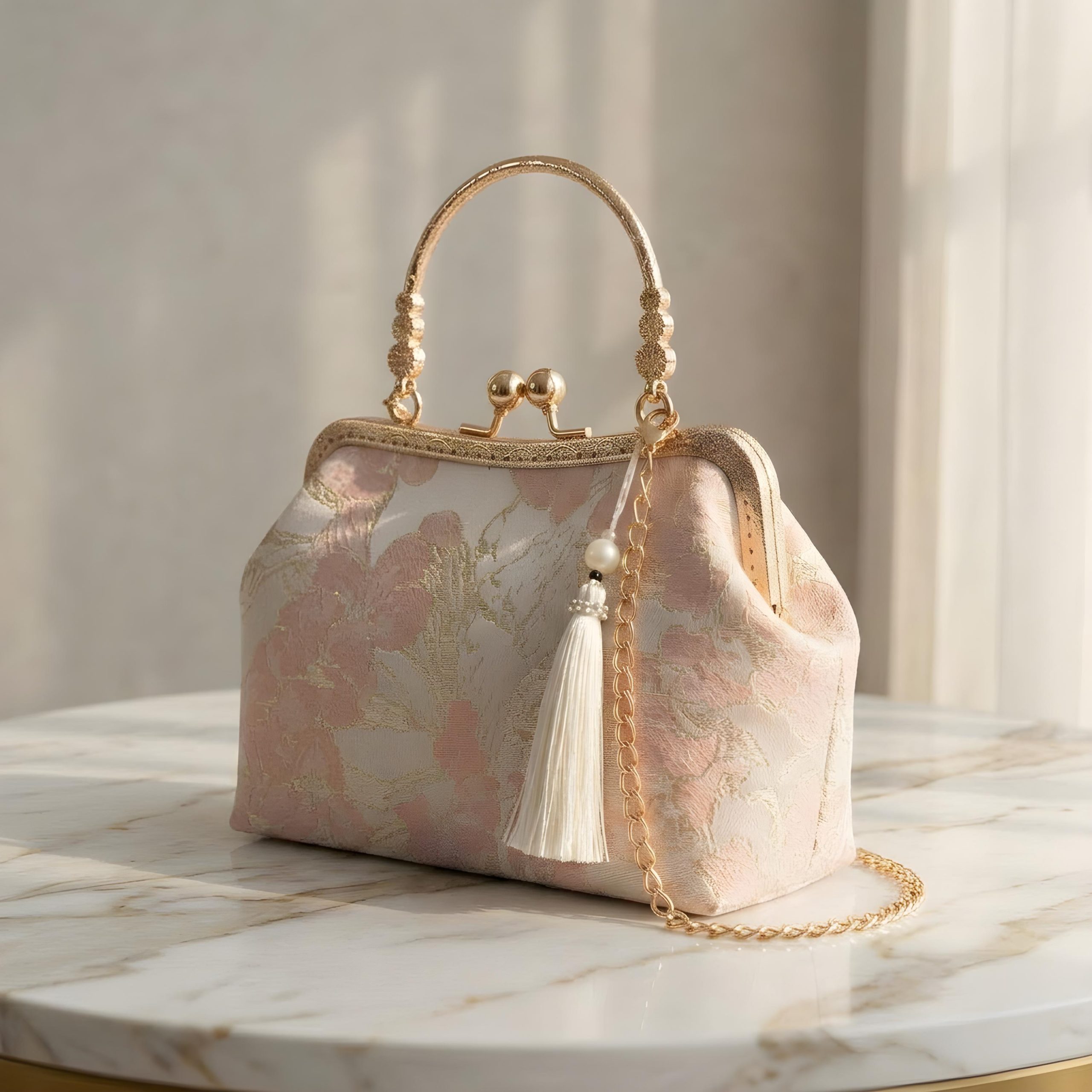 Elegant Floral Jacquard Top Handle Clutch Bag - Image 5