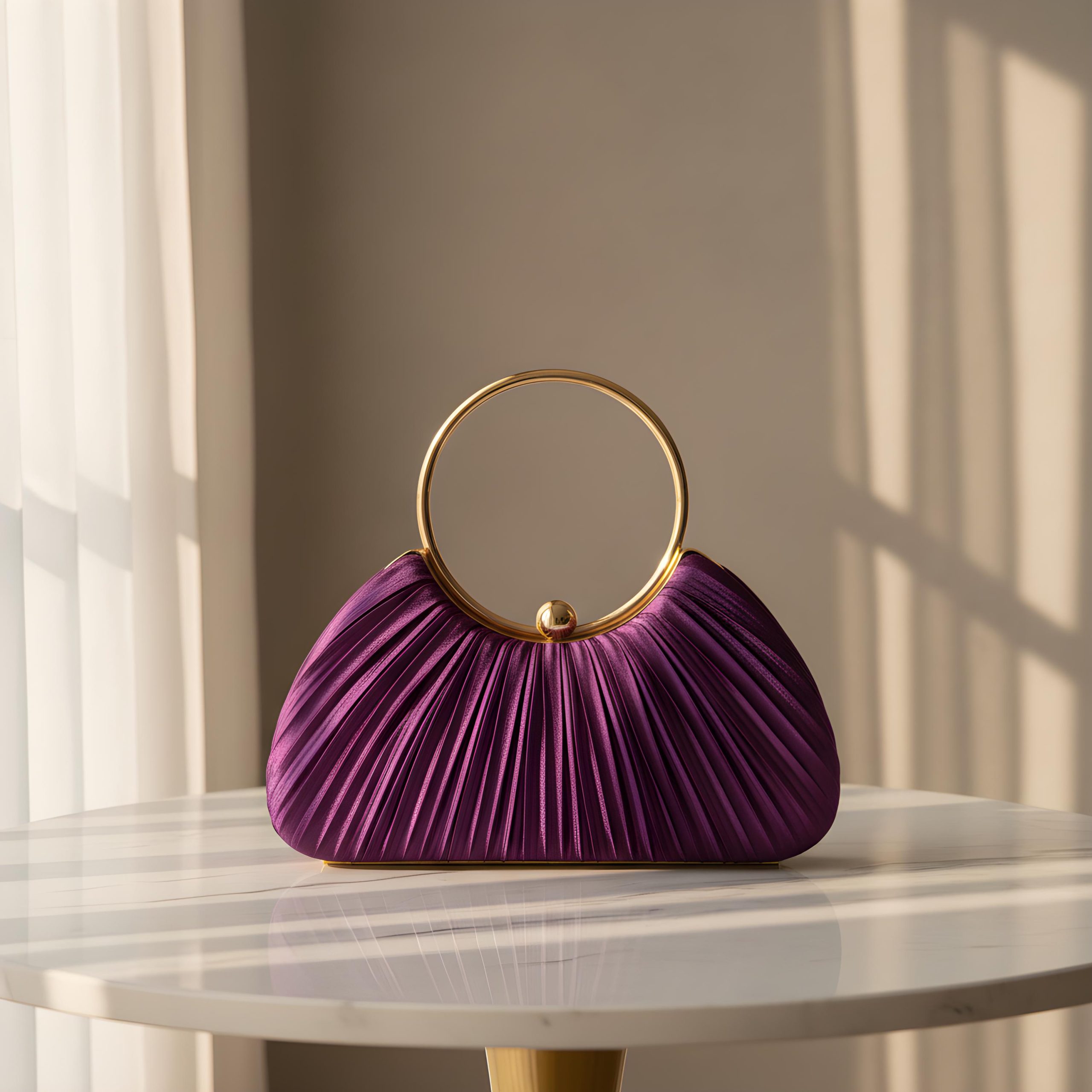 Elegant Pleated Ring Handle Evening Clutch Bag