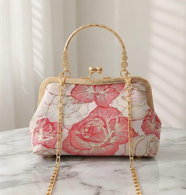 Elegant Floral Jacquard Top Handle Evening Clutch Bag