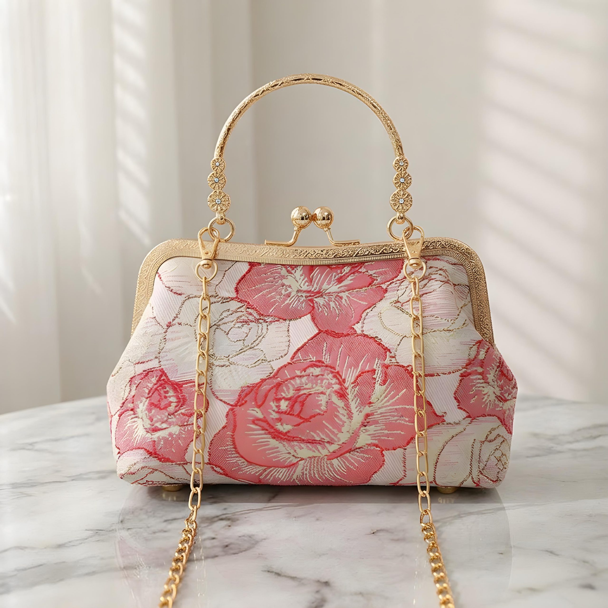 Elegant Floral Jacquard Top Handle Evening Clutch Bag