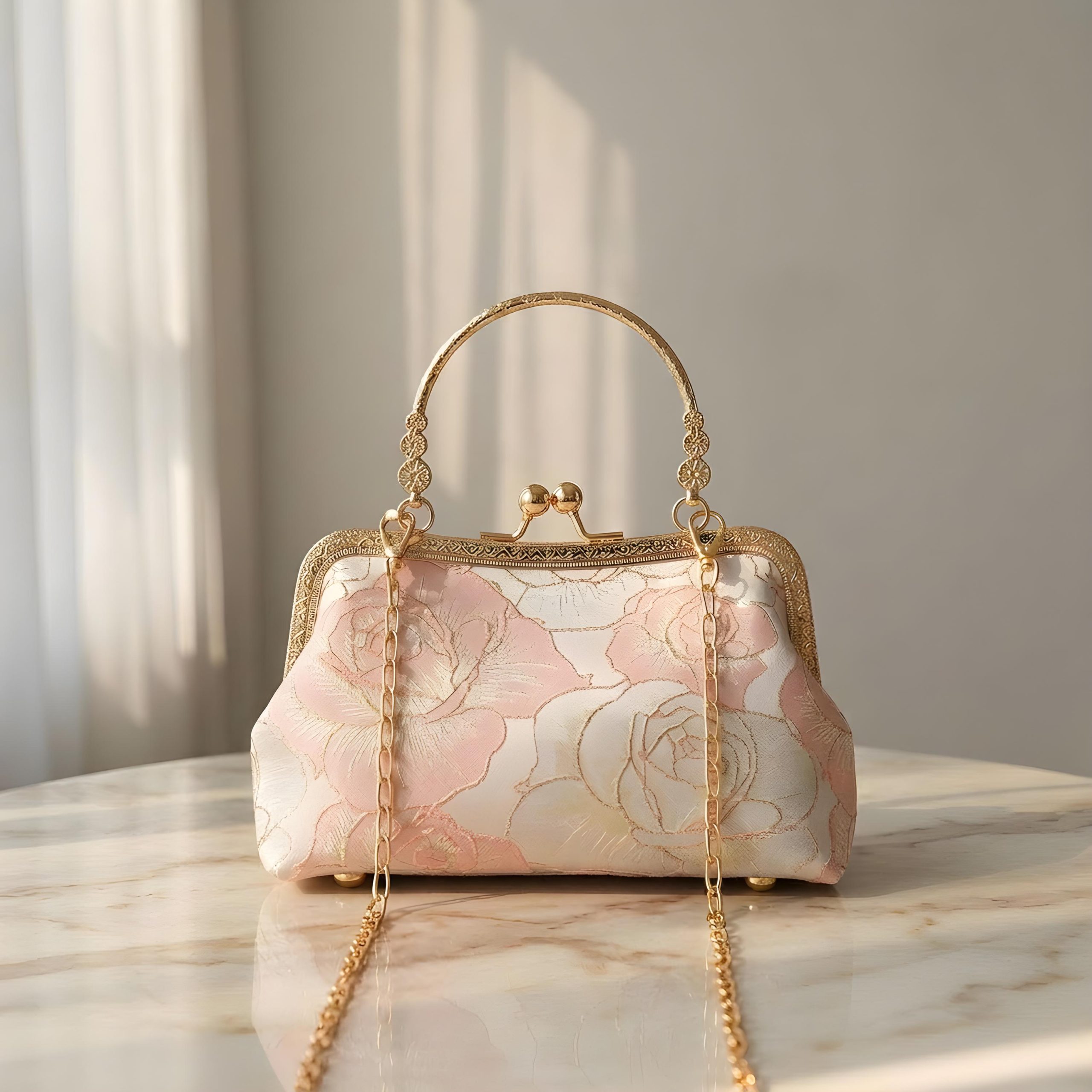 Elegant Floral Jacquard Top Handle Evening Clutch Bag - Image 3