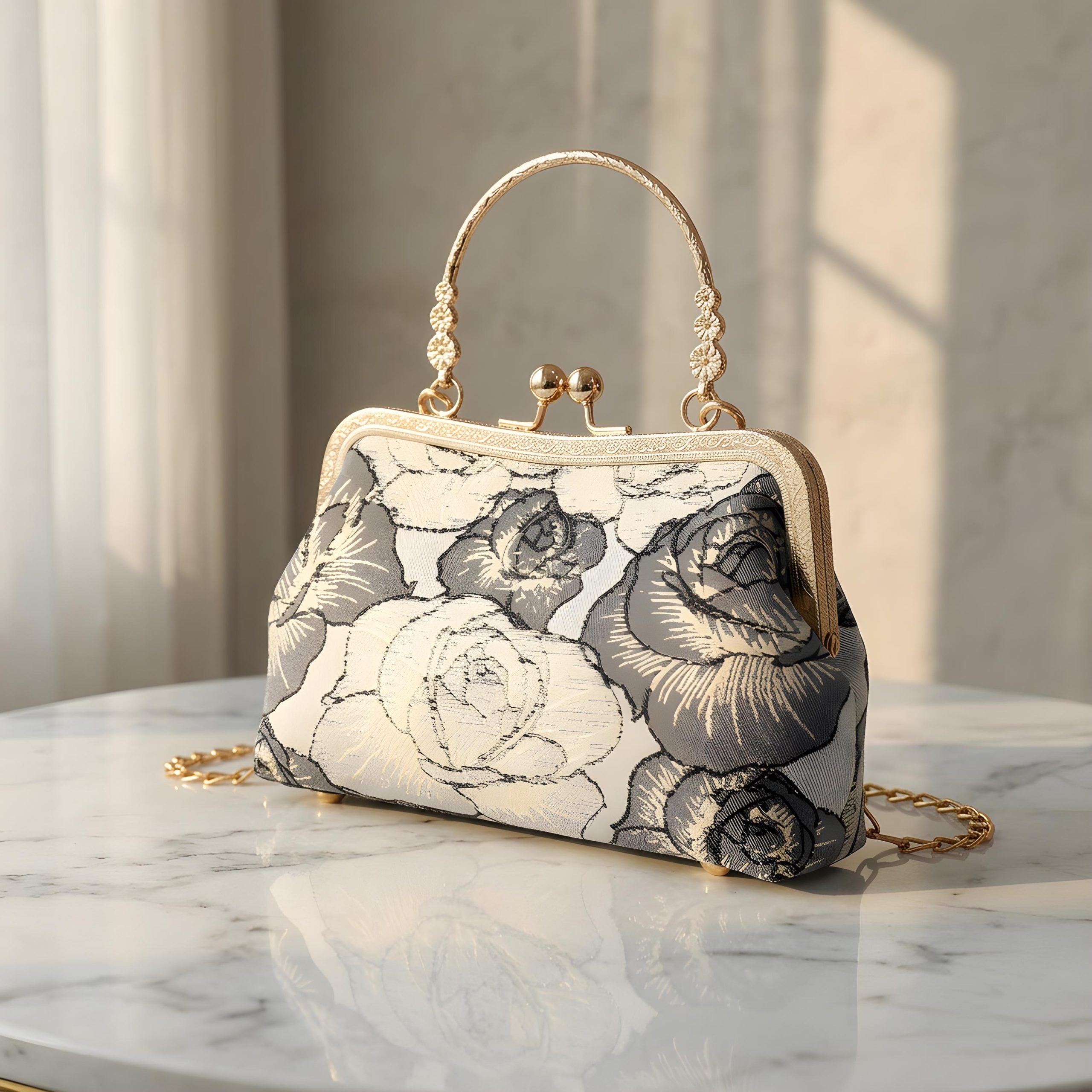 Elegant Floral Jacquard Top Handle Evening Clutch Bag - Image 2