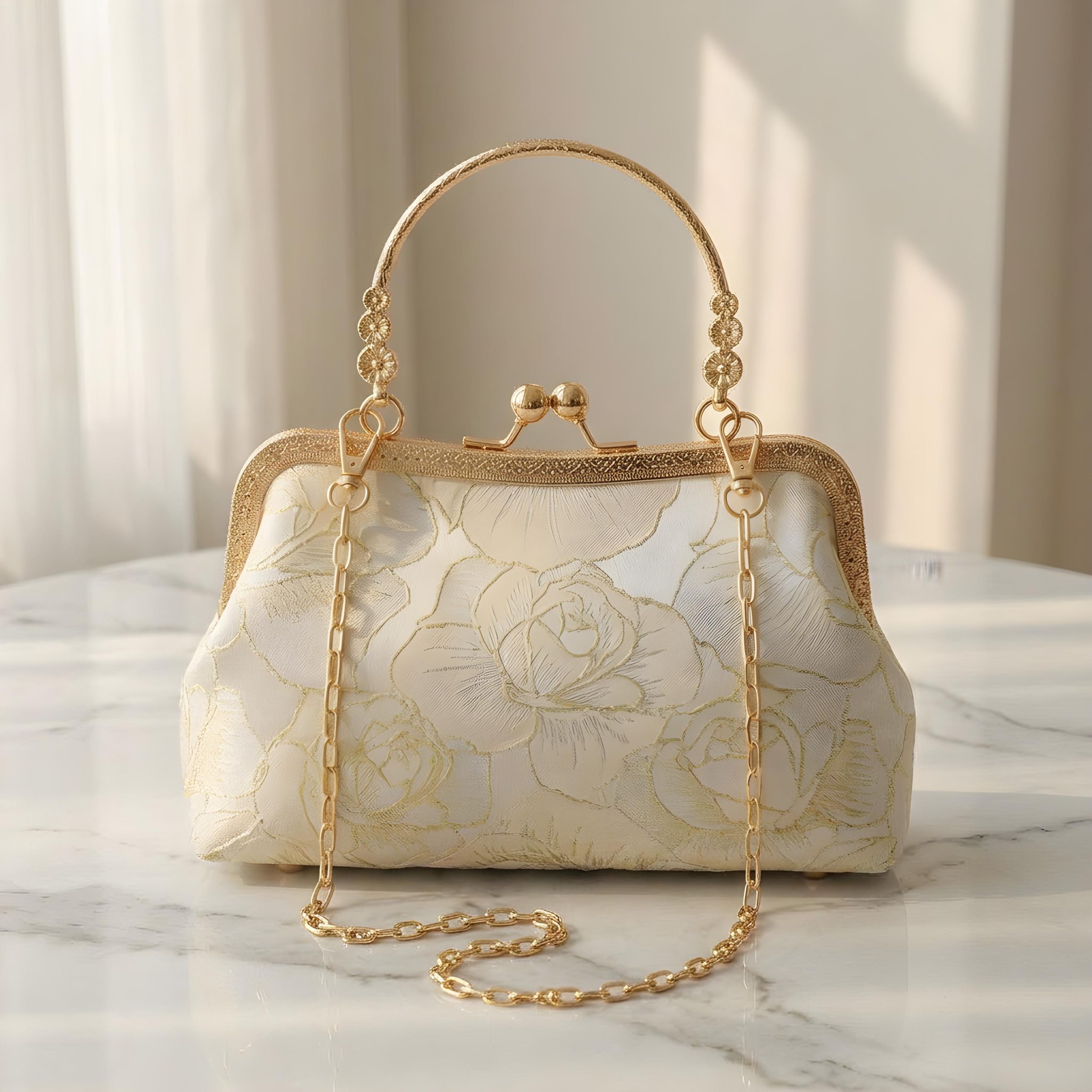 Elegant Floral Jacquard Top Handle Evening Clutch Bag - Image 4