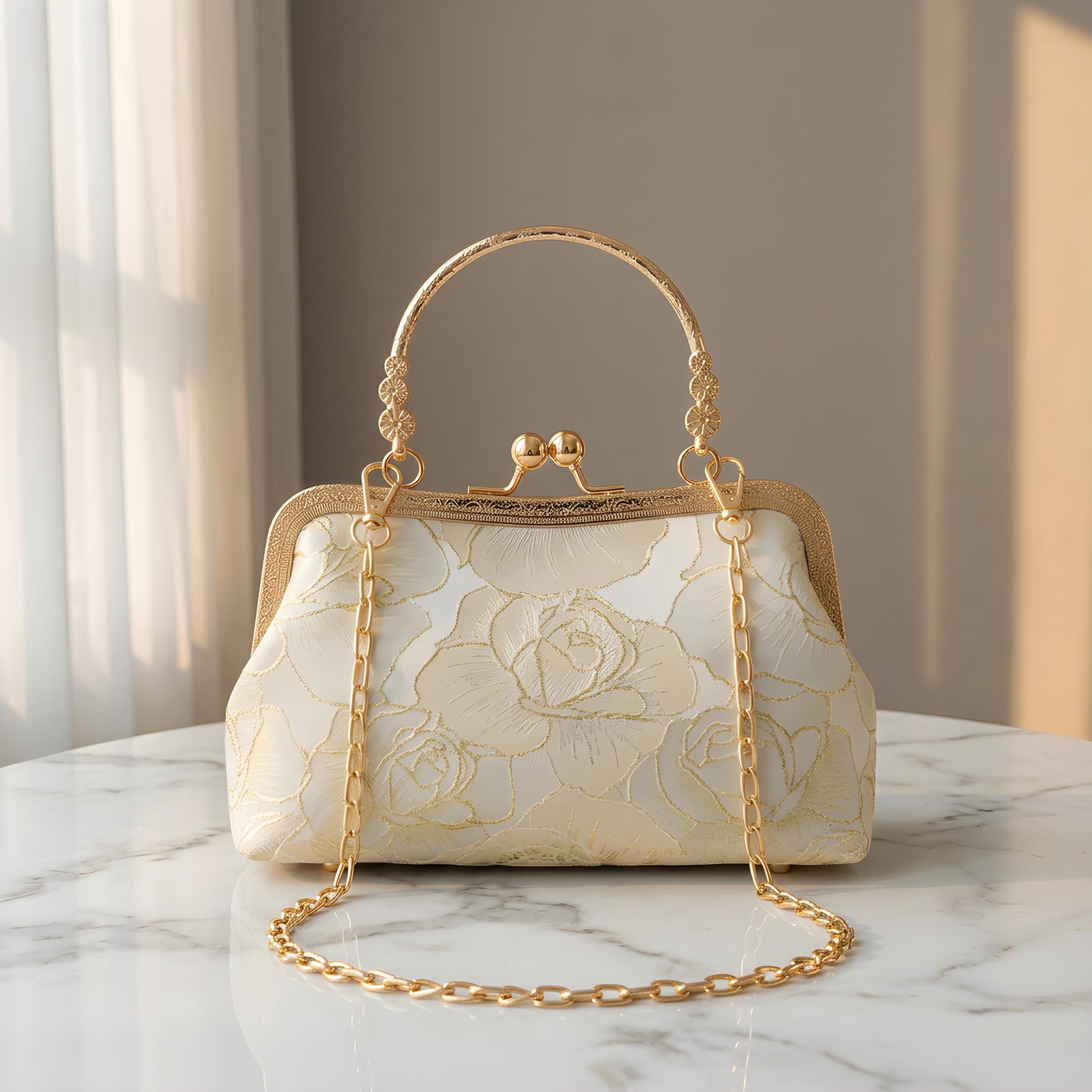 Elegant Floral Jacquard Top Handle Evening Clutch Bag - Image 5