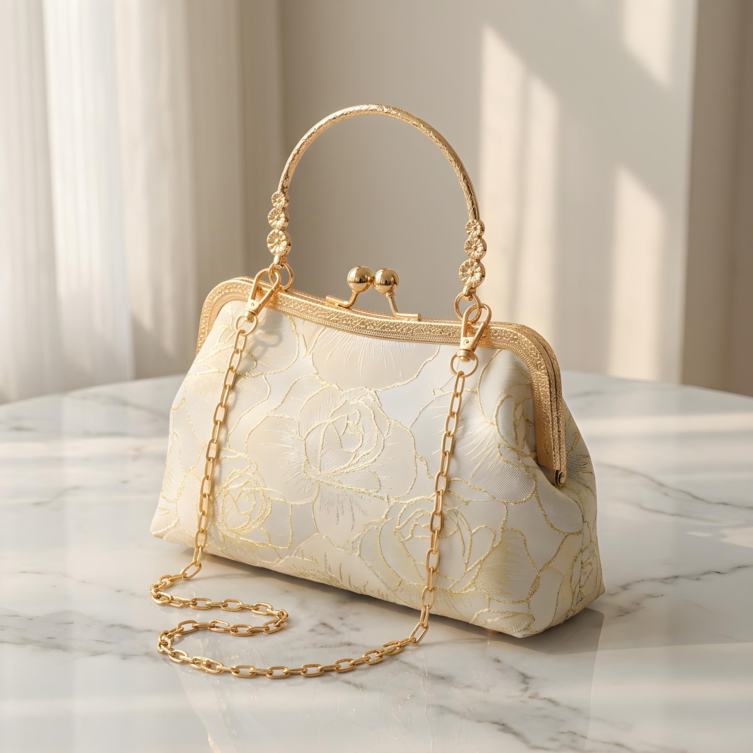 Elegant Floral Jacquard Top Handle Evening Clutch Bag - Image 6