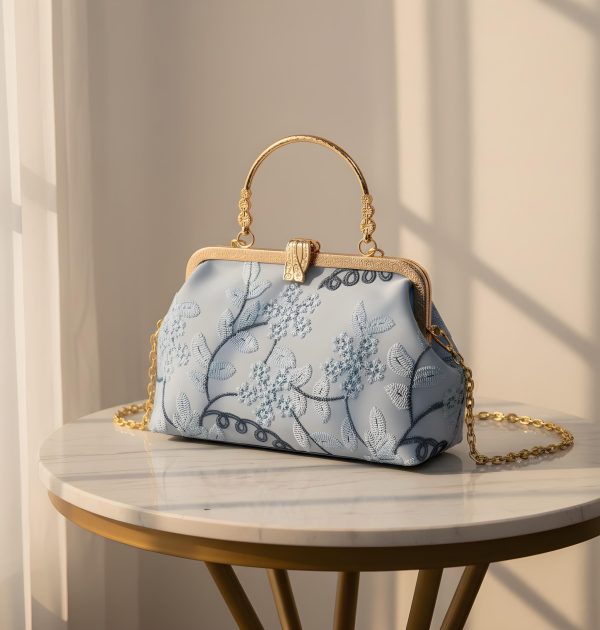 Elegant Floral Embroidered Top Handle Evening Clutch Bag