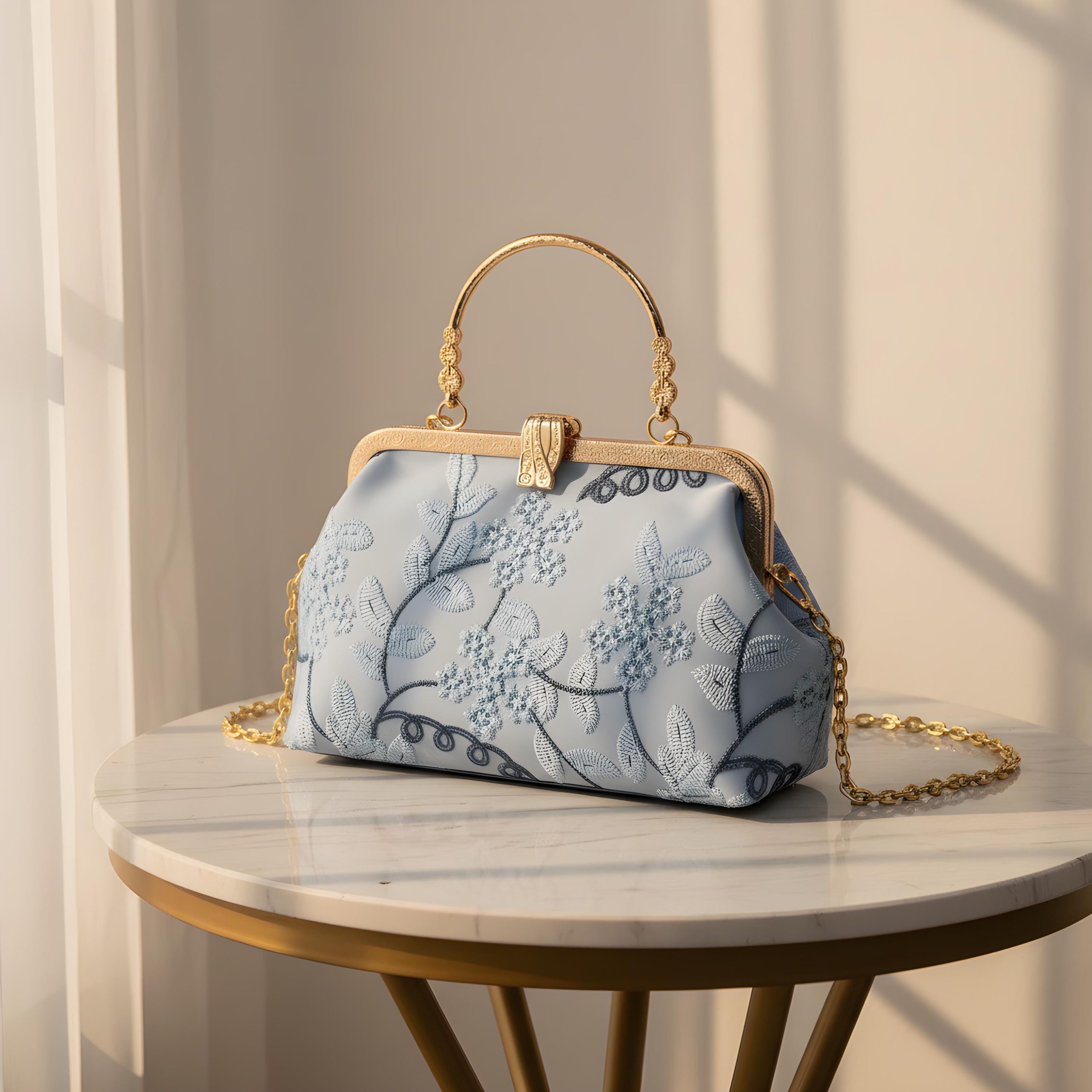 Elegant Floral Embroidered Top Handle Evening Clutch Bag