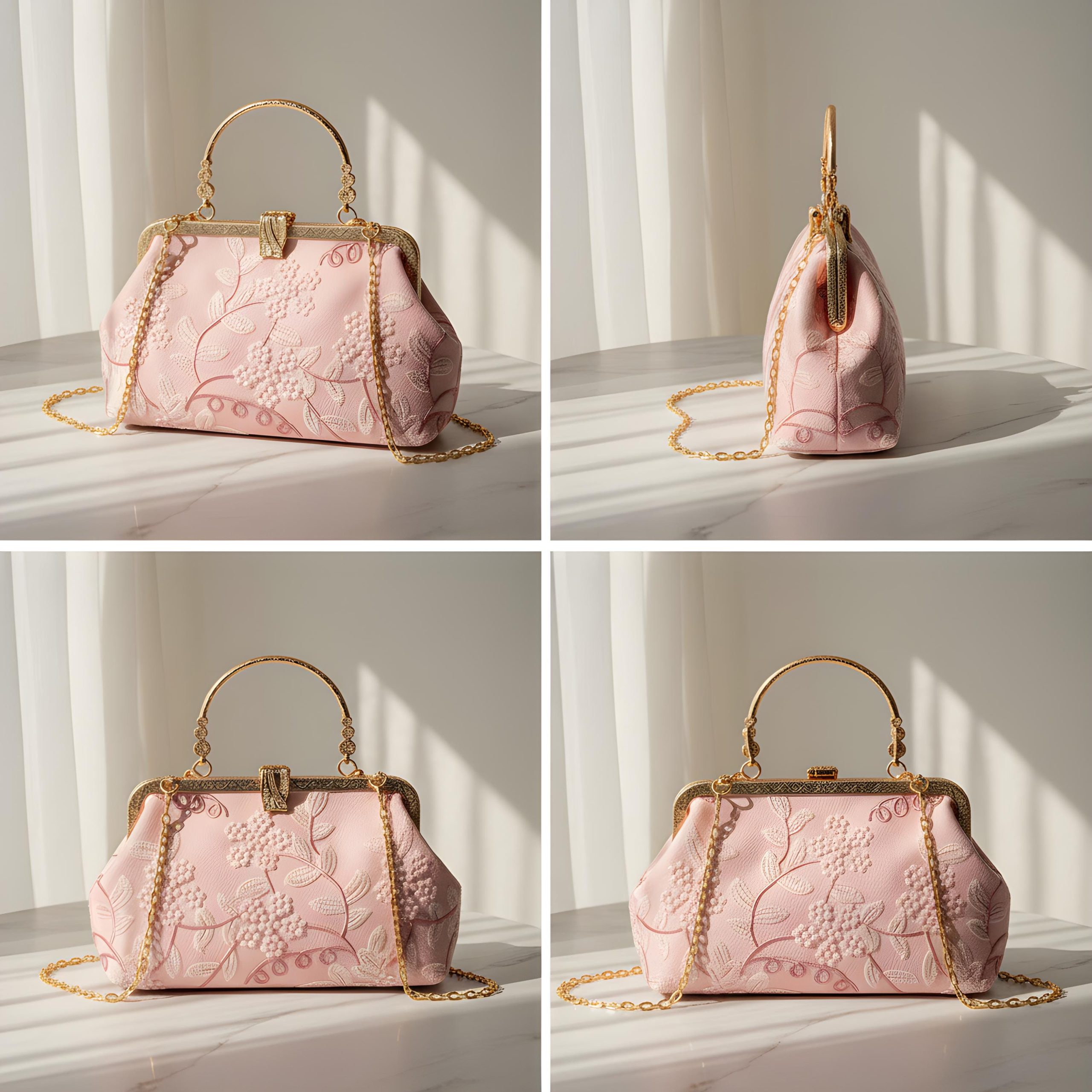 Elegant Floral Embroidered Top Handle Evening Clutch Bag - Image 3