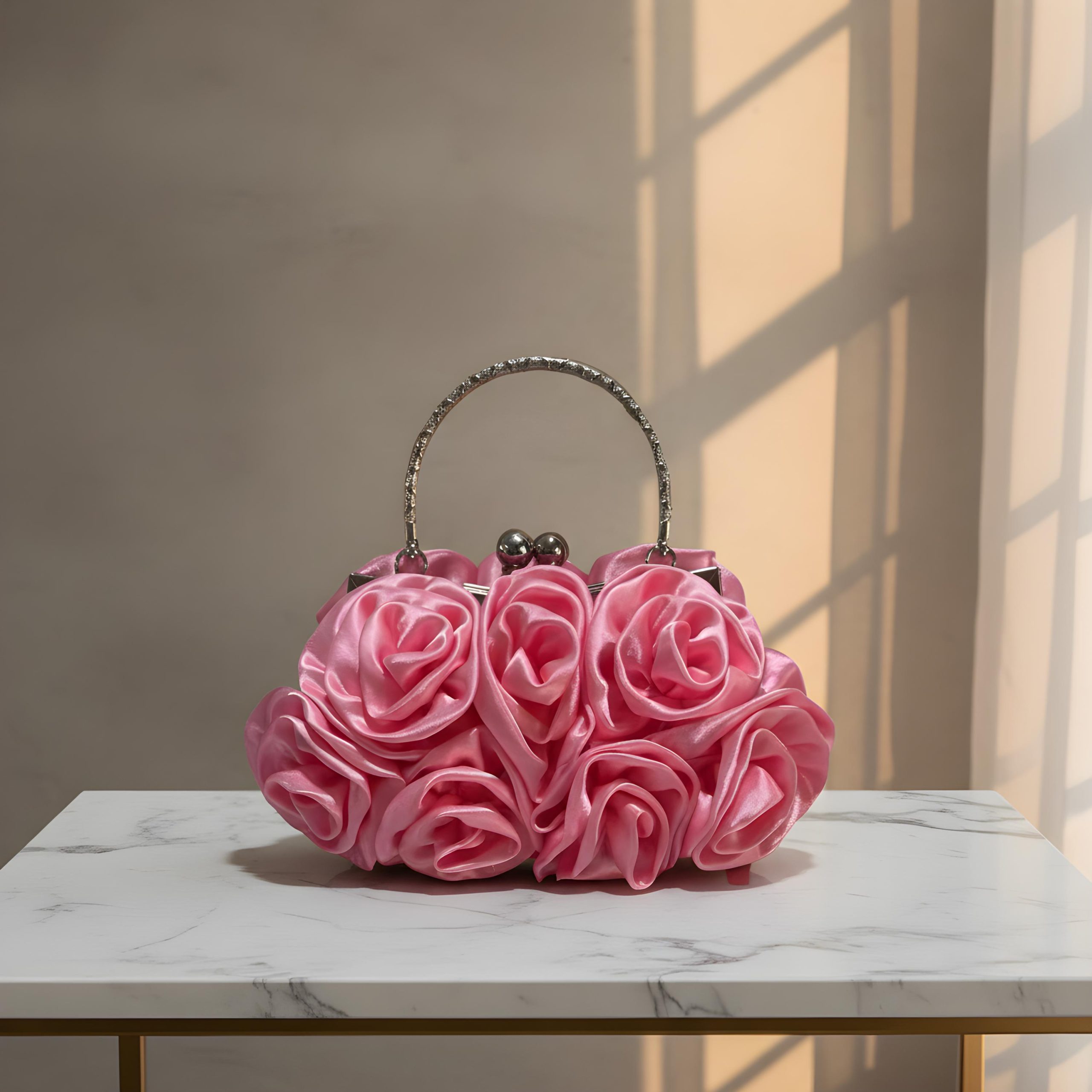 Elegant 3D Rose Satin Top Handle Evening Clutch Bag - Image 2