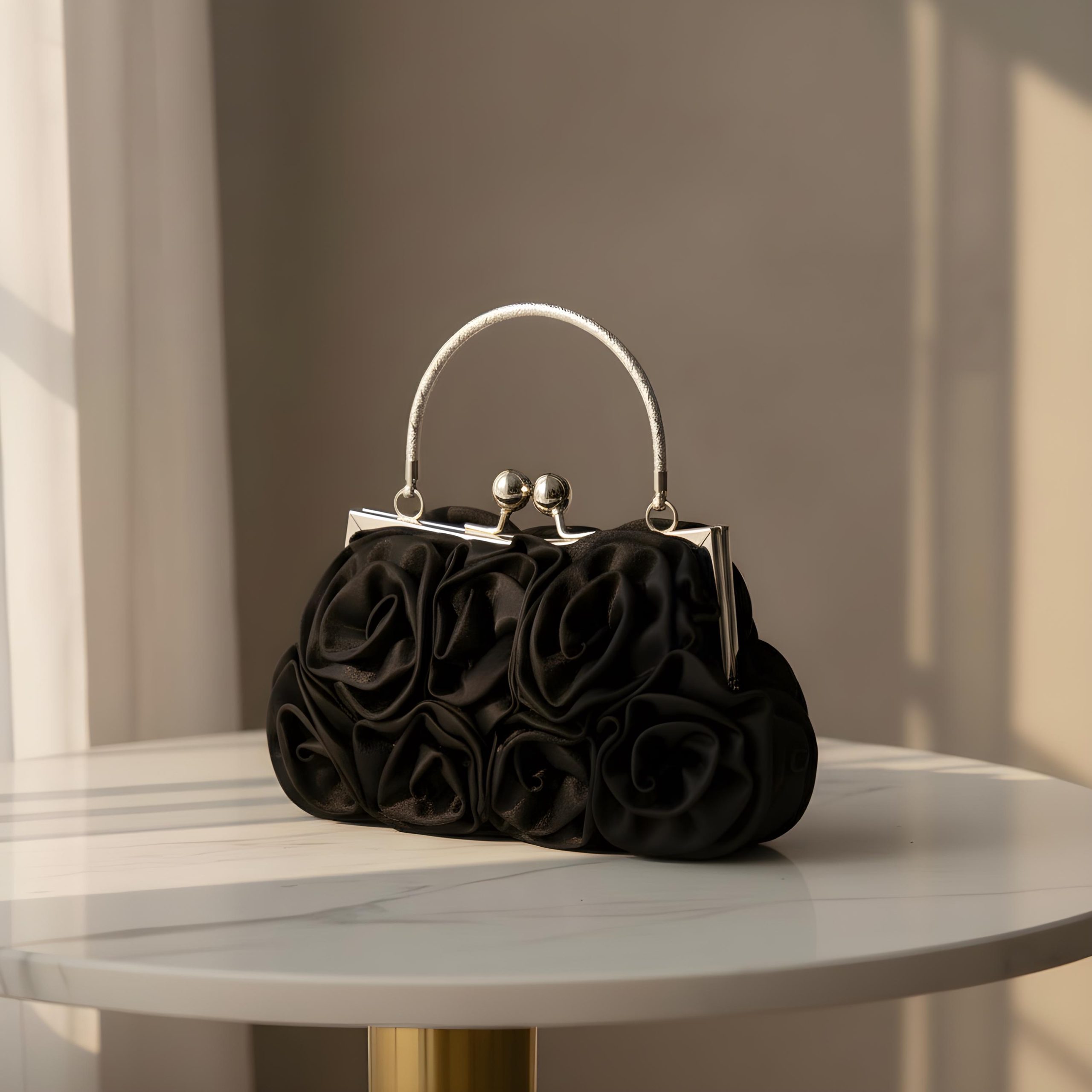 Elegant 3D Rose Satin Top Handle Evening Clutch Bag - Image 5