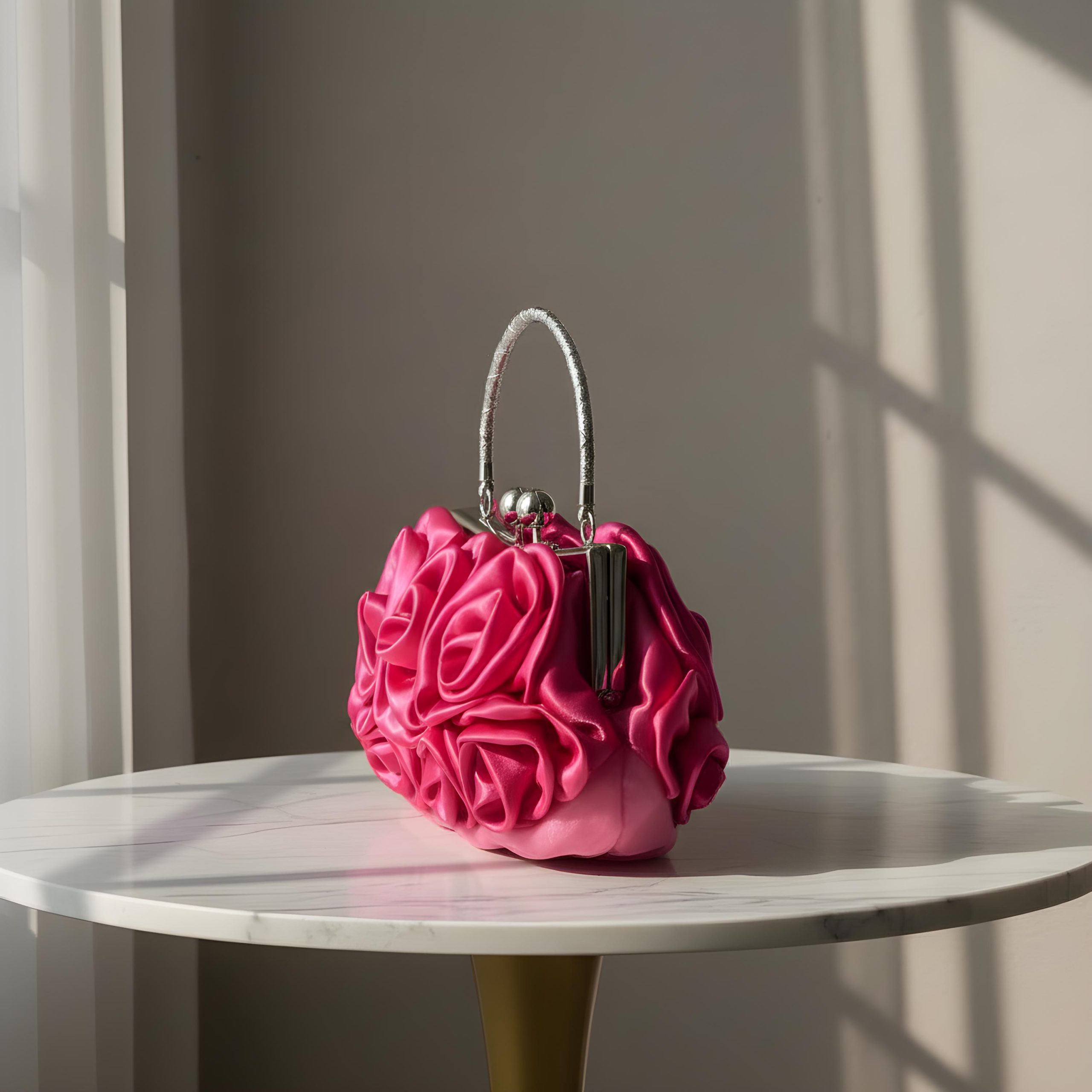 Elegant 3D Rose Satin Top Handle Evening Clutch Bag - Image 3