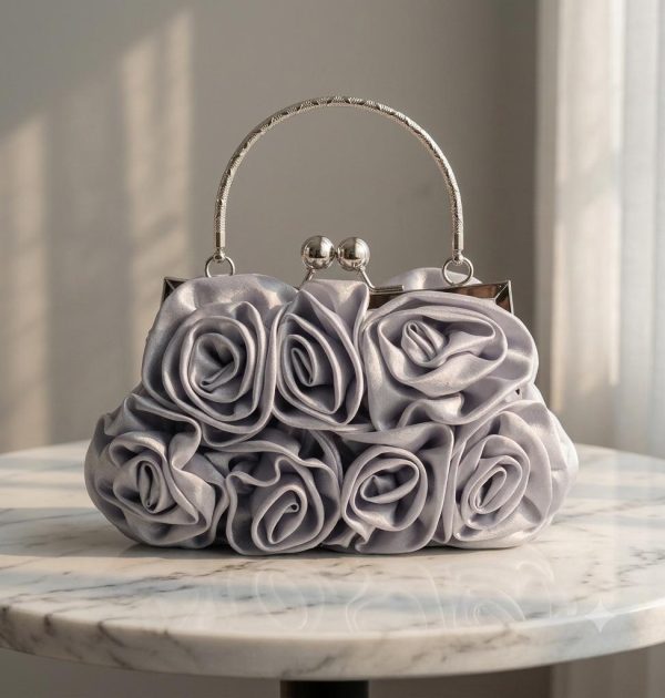 Elegant 3D Rose Satin Top Handle Evening Clutch Bag