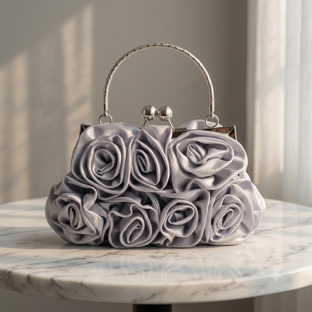 Elegant 3D Rose Satin Top Handle Evening Clutch Bag